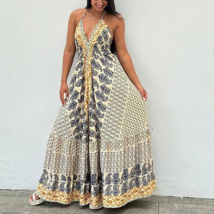 Vestido Longo Seda Indiana Frente Única Costa Nua- Estilo Boho Chic