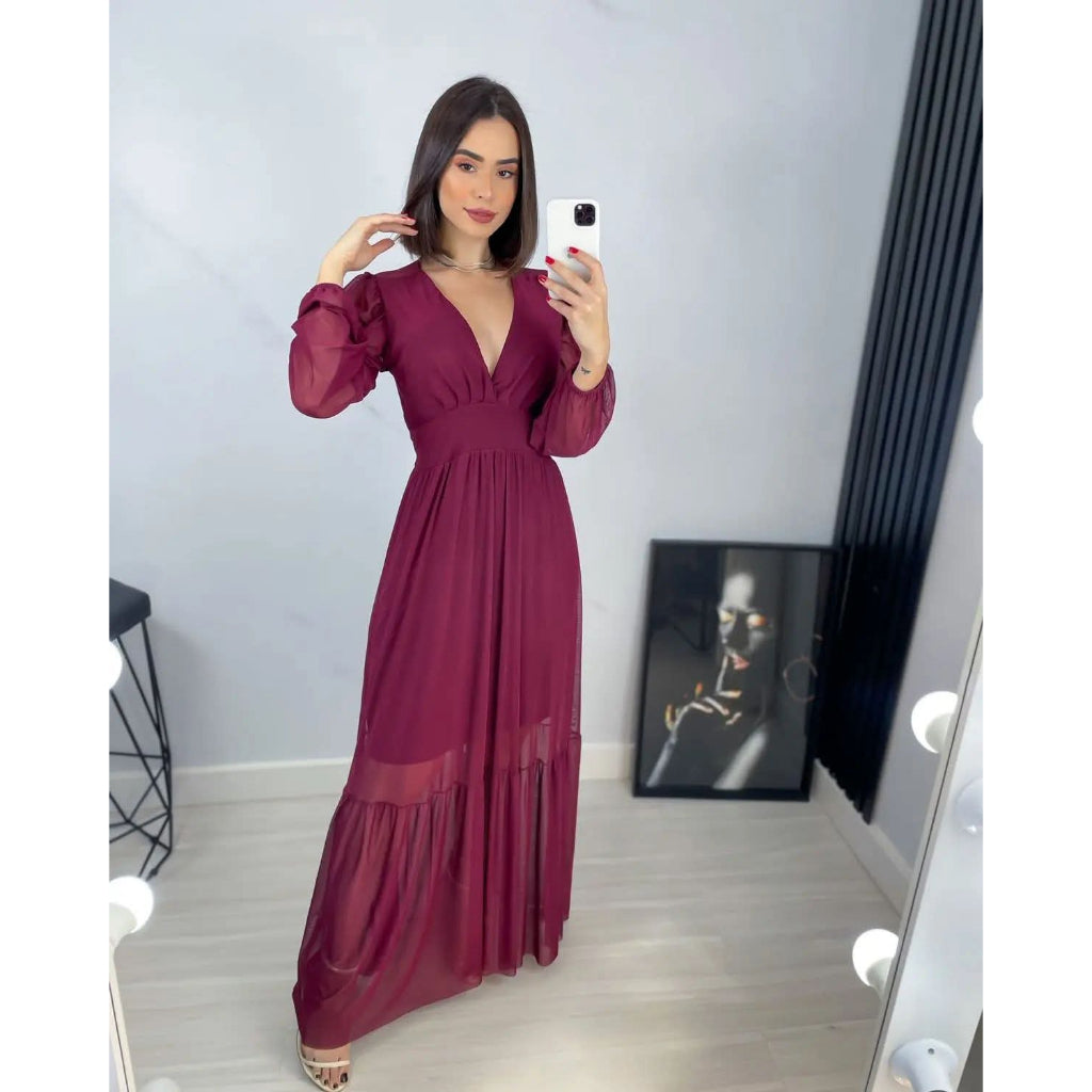 Vestido longo Feminino de tule manga longa de festa, casamento com bojo todo forrado