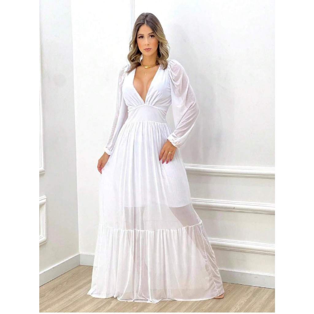 Vestido longo Feminino de tule manga longa de festa, casamento com bojo todo forrado