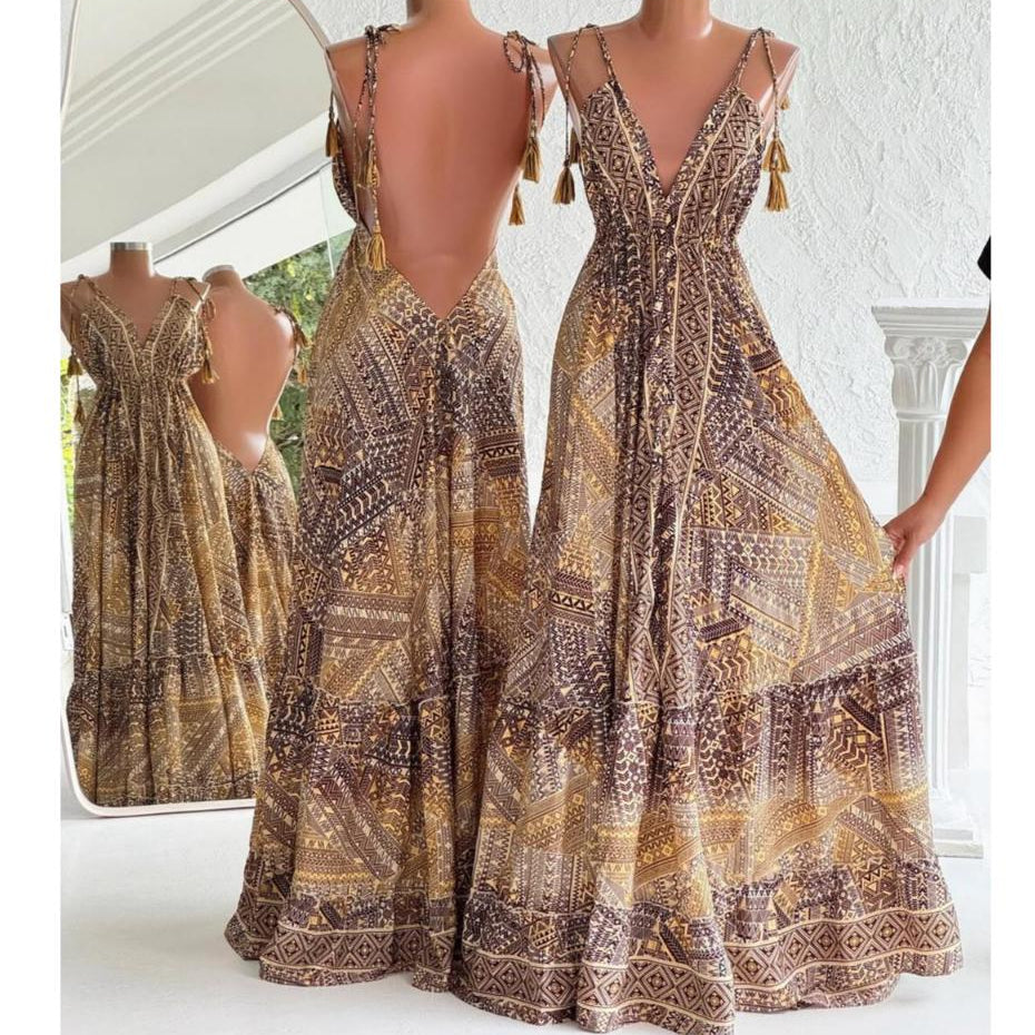 Vestido Longo Seda Indiana Frente Única Costa Nua- Estilo Boho Chic