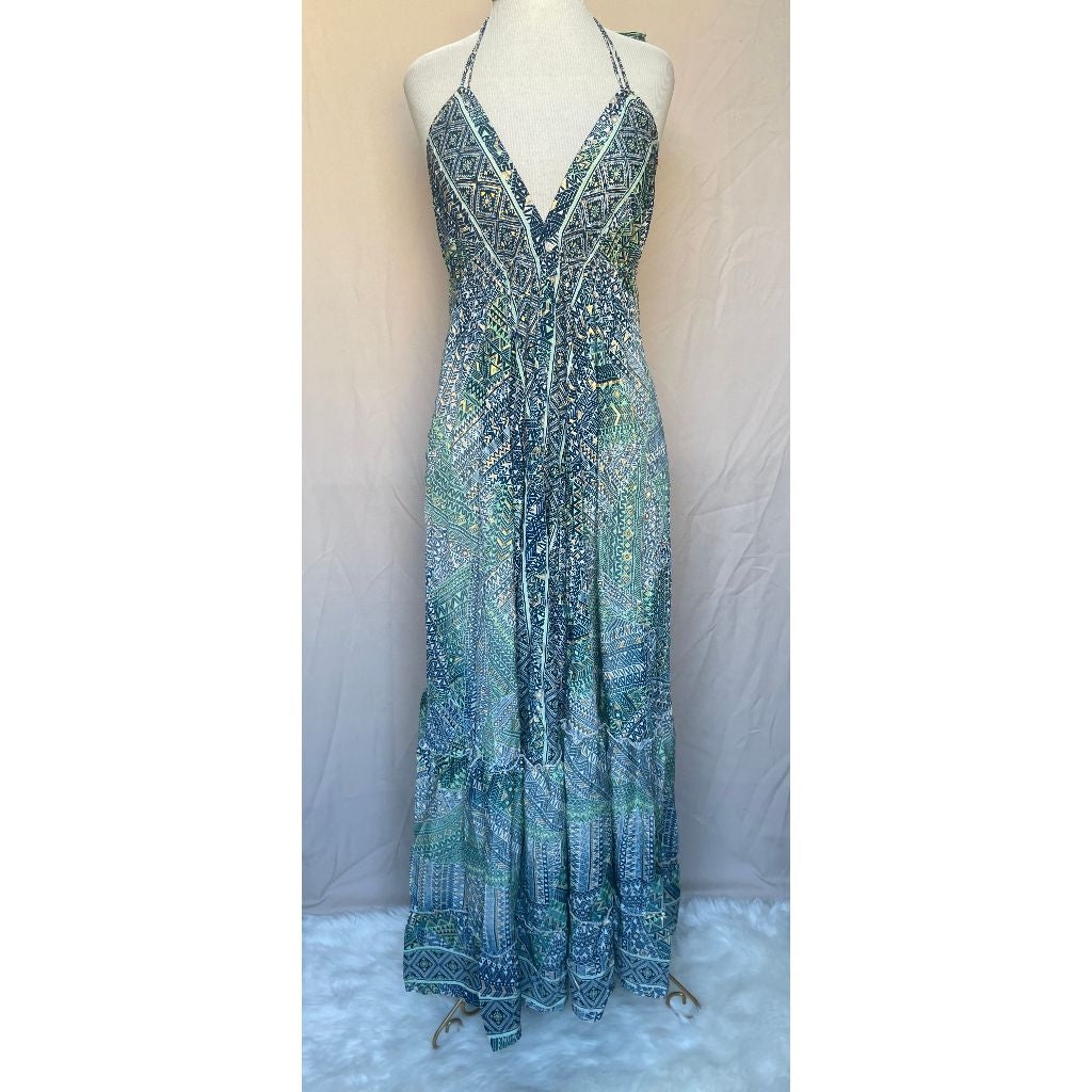 Vestido Longo Seda Indiana Frente Única Costa Nua- Estilo Boho Chic