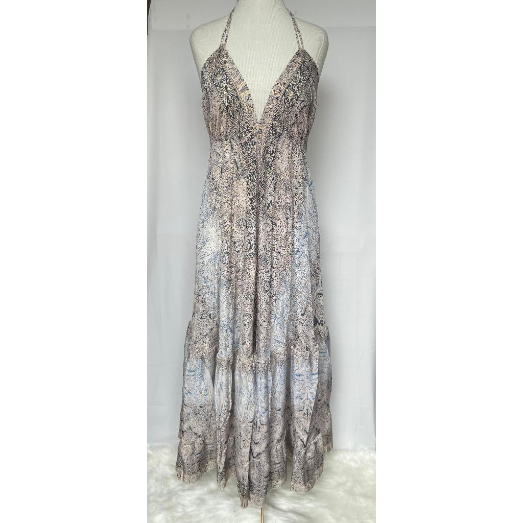 Vestido Longo Seda Indiana Frente Única Costa Nua- Estilo Boho Chic