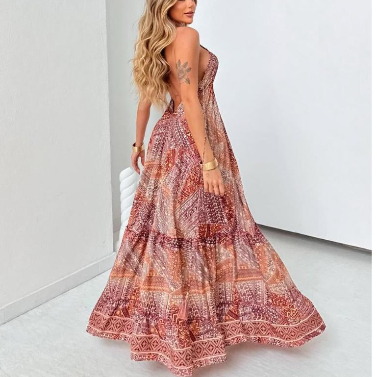 Vestido Longo Seda Indiana Frente Única Costa Nua- Estilo Boho Chic