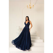 Vestido de Festa Longo Azul Marino Tecido Tuli com Brilho Festas/Foormatura Possoi Bojo,Ziper,Forro Veste M 38-40 G40-42