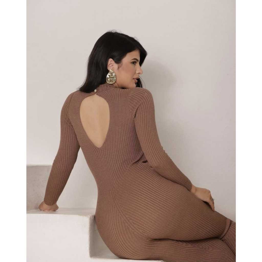 Macacão Longo em Tricô Modal com Manga e Costas Abertas – Look Sofisticado estilo Virgínea