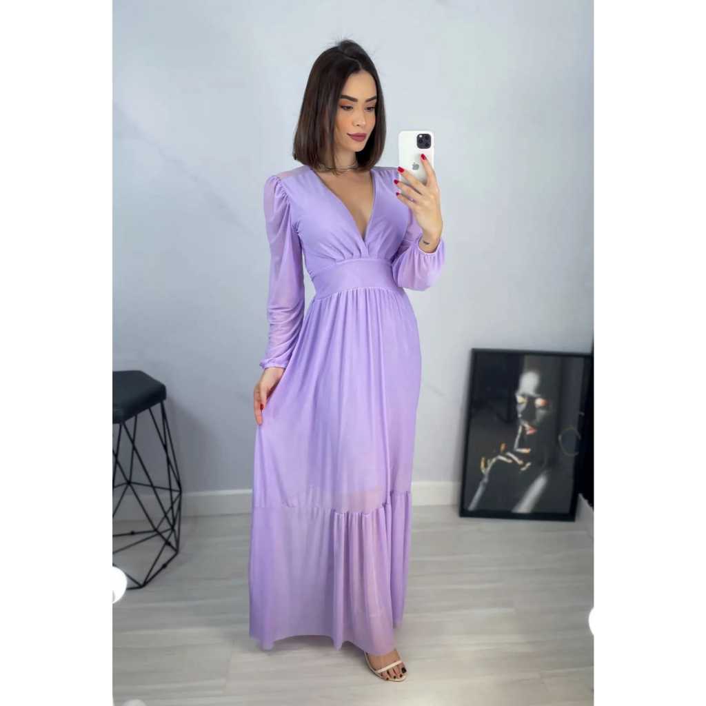 Vestido longo Feminino de tule manga longa de festa, casamento com bojo todo forrado