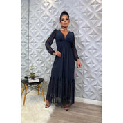 Vestido longo Feminino de tule manga longa de festa, casamento com bojo todo forrado
