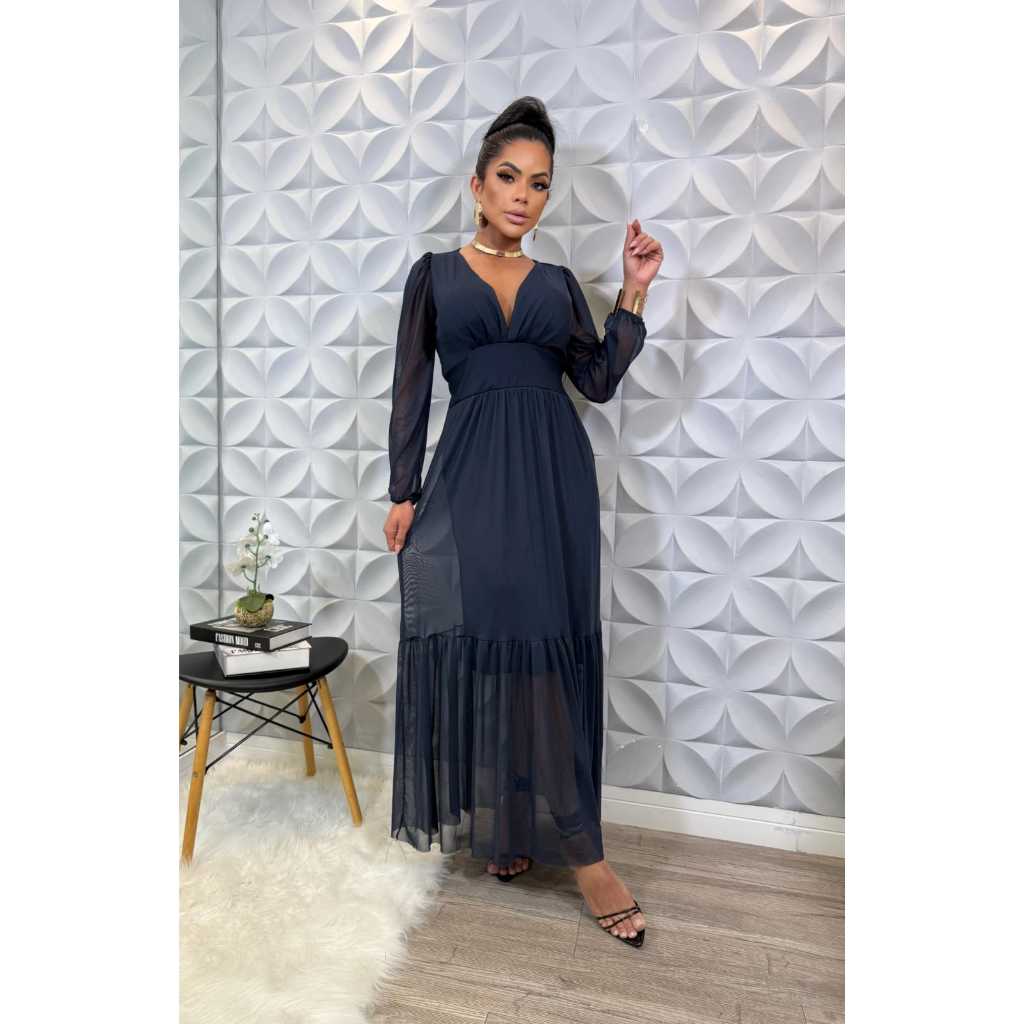 Vestido longo Feminino de tule manga longa de festa, casamento com bojo todo forrado