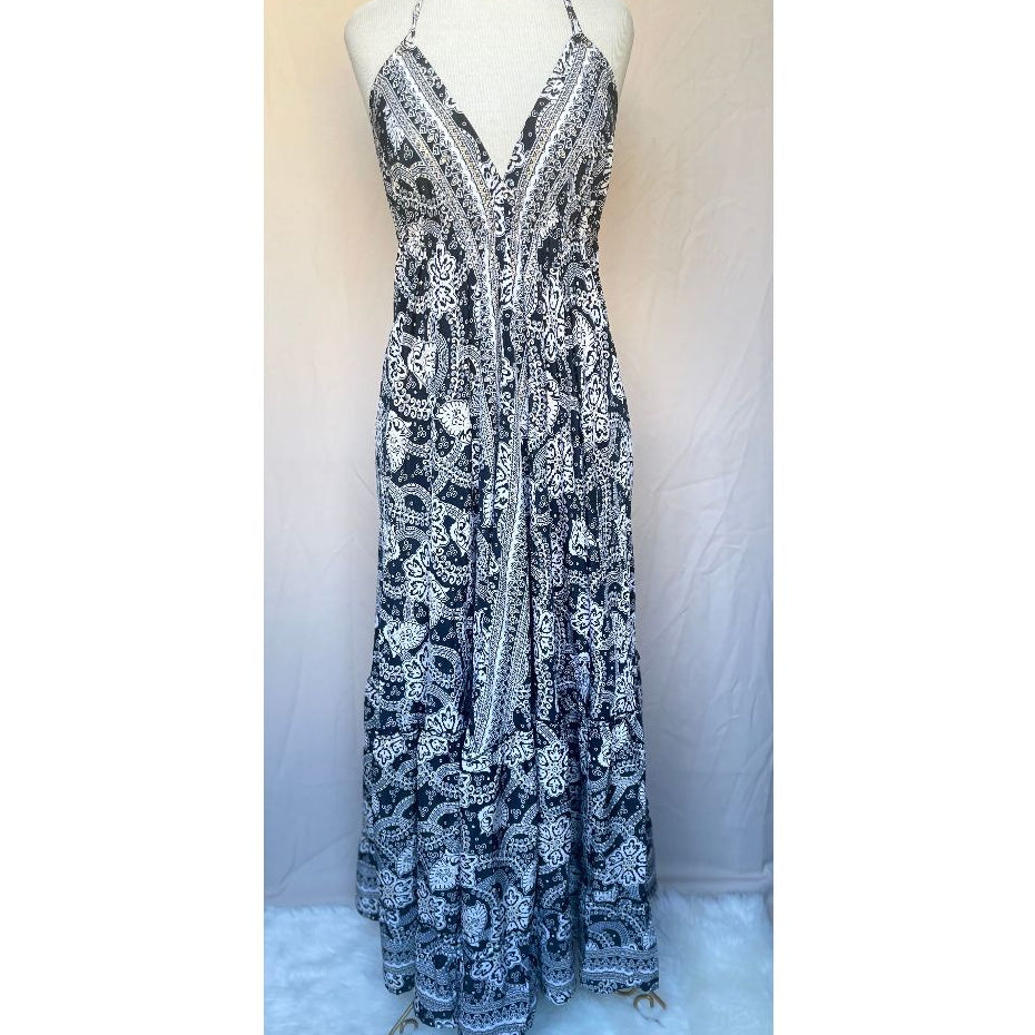 Vestido Longo Seda Indiana Frente Única Costa Nua- Estilo Boho Chic