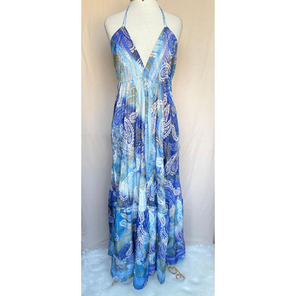 Vestido Longo Seda Indiana Frente Única Costa Nua- Estilo Boho Chic
