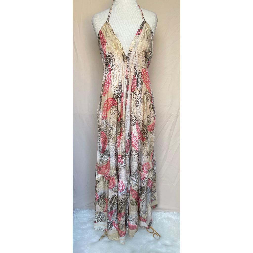 Vestido Longo Seda Indiana Frente Única Costa Nua- Estilo Boho Chic