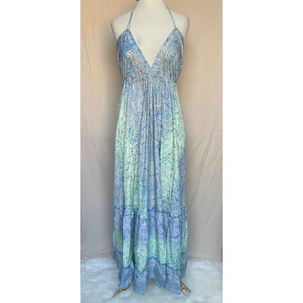Vestido Longo Seda Indiana Frente Única Costa Nua- Estilo Boho Chic
