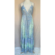 Vestido Longo Seda Indiana Frente Única Costa Nua- Estilo Boho Chic