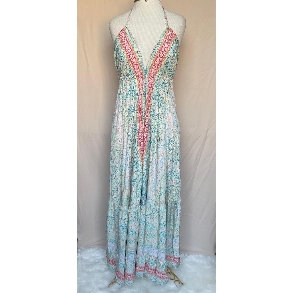 Vestido Longo Seda Indiana Frente Única Costa Nua- Estilo Boho Chic
