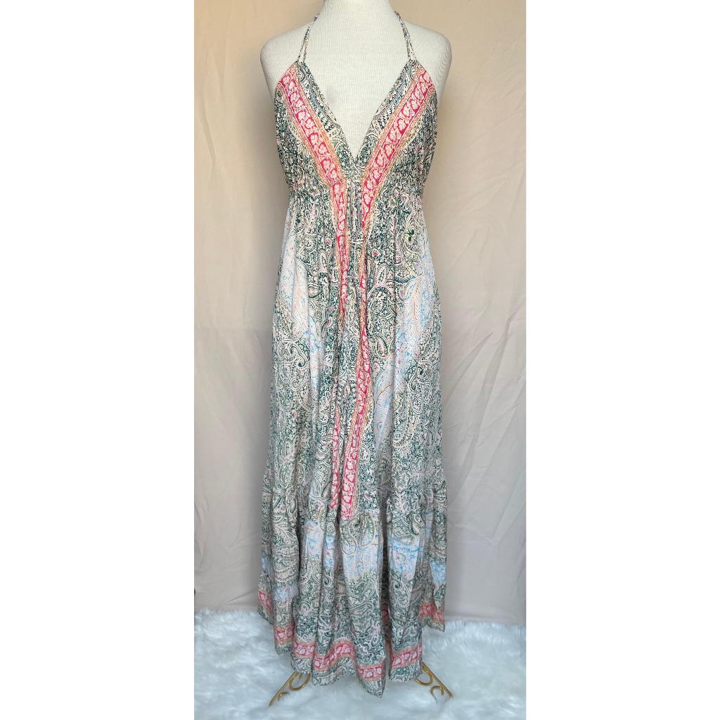 Vestido Longo Seda Indiana Frente Única Costa Nua- Estilo Boho Chic