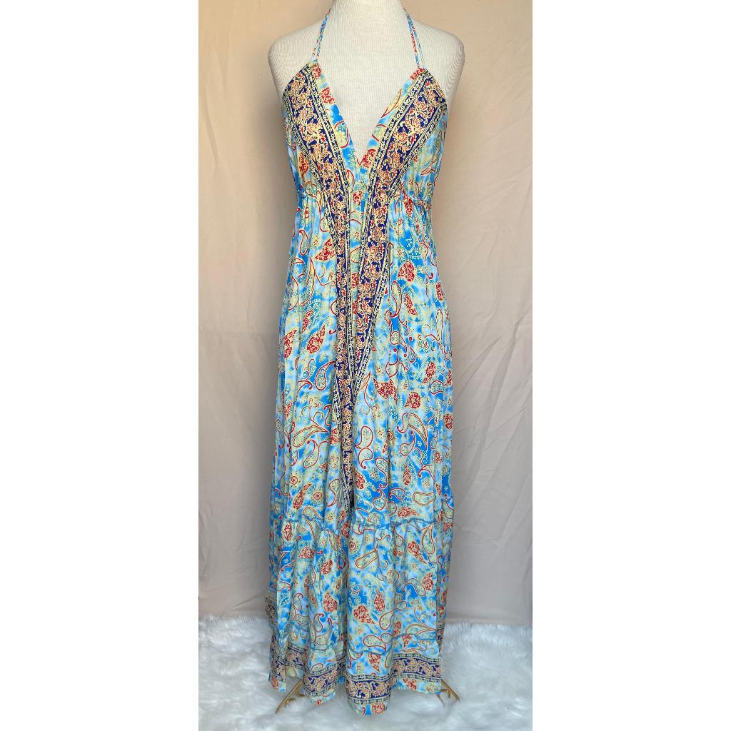 Vestido Longo Seda Indiana Frente Única Costa Nua- Estilo Boho Chic