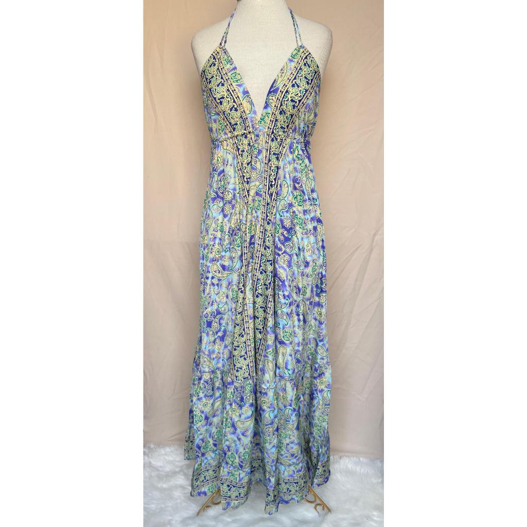 Vestido Longo Seda Indiana Frente Única Costa Nua- Estilo Boho Chic