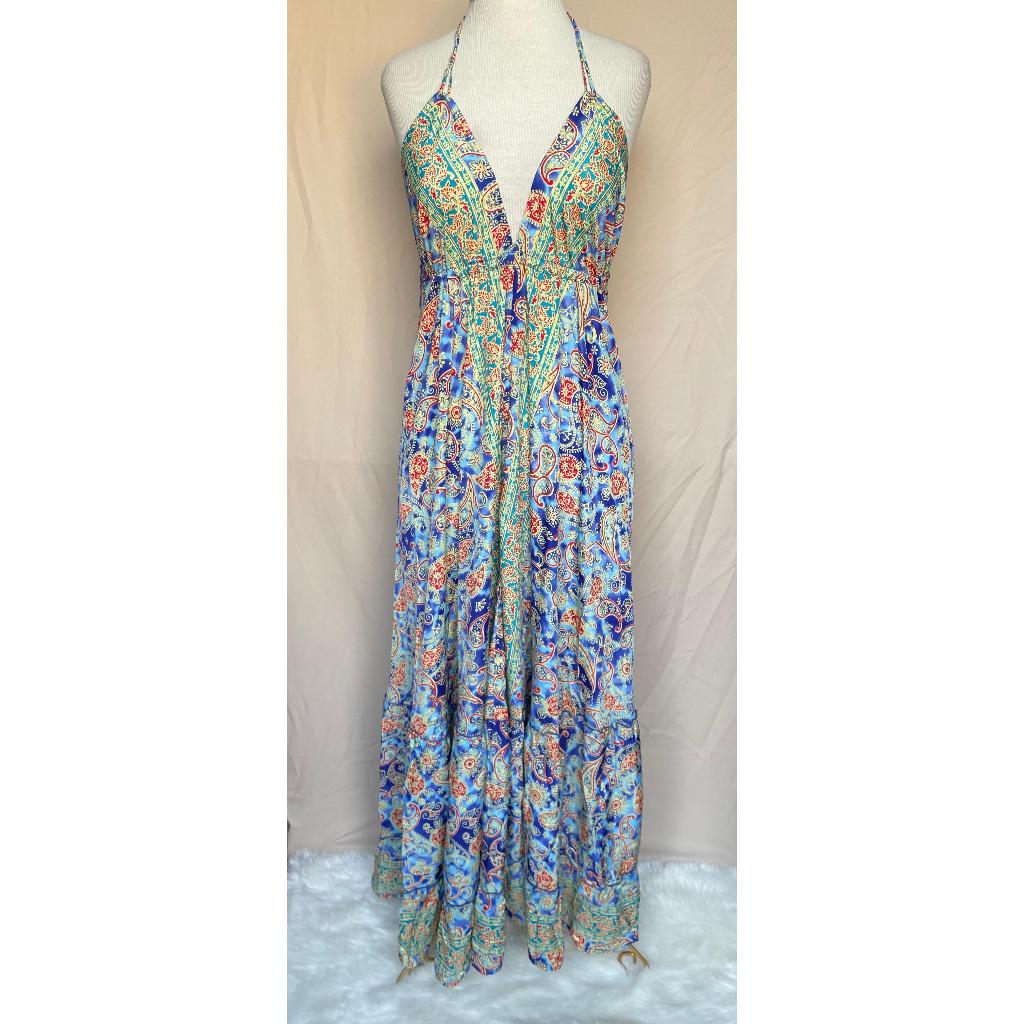 Vestido Longo Seda Indiana Frente Única Costa Nua- Estilo Boho Chic