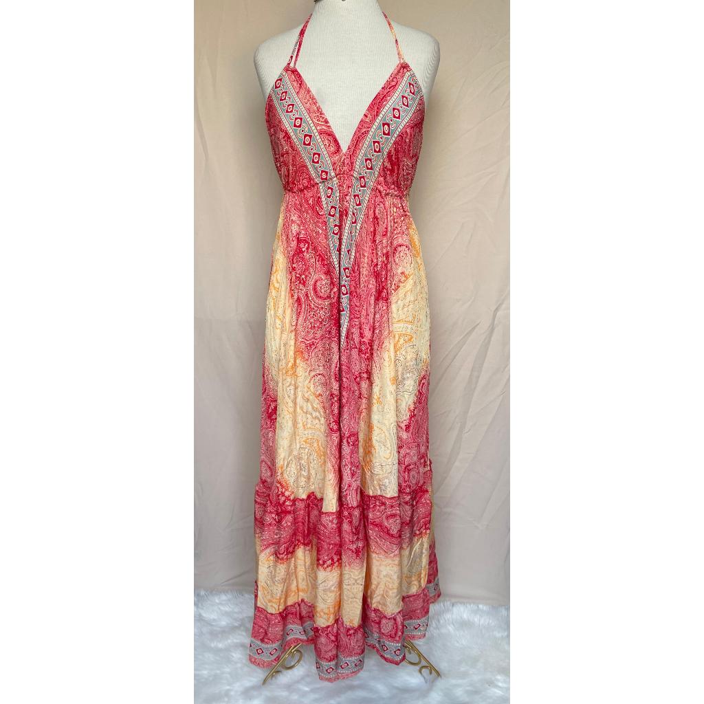Vestido Longo Seda Indiana Frente Única Costa Nua- Estilo Boho Chic