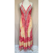 Vestido Longo Seda Indiana Frente Única Costa Nua- Estilo Boho Chic