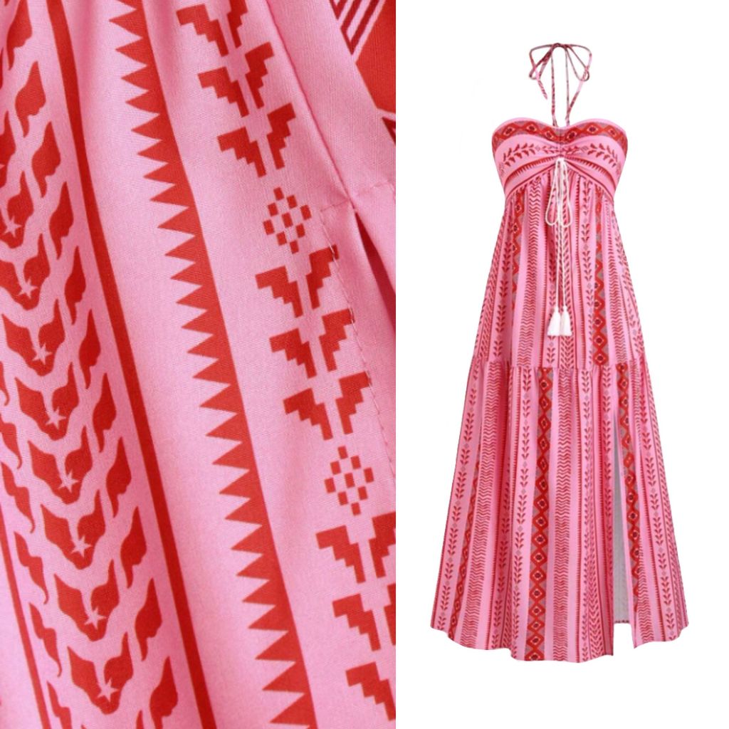 Vestido Boho Tribal Feminino Saia Flared, Tomara que Caia, Sem Bojo- Verão midi