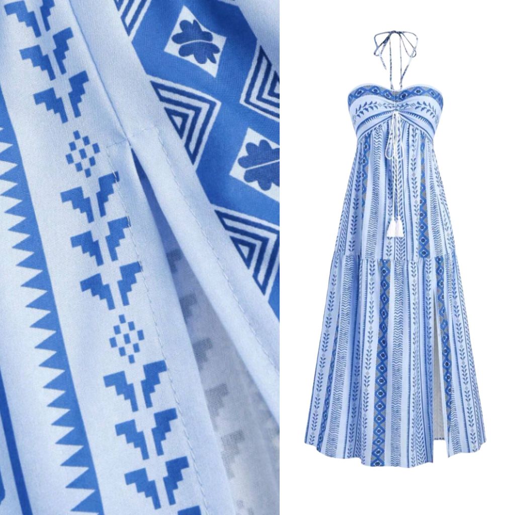 Vestido Boho Tribal Feminino Saia Flared, Tomara que Caia, Sem Bojo- Verão midi
