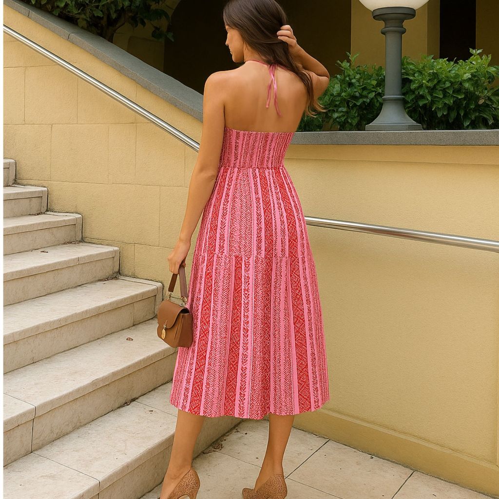 Vestido Boho Tribal Feminino Saia Flared, Tomara que Caia, Sem Bojo- Verão midi