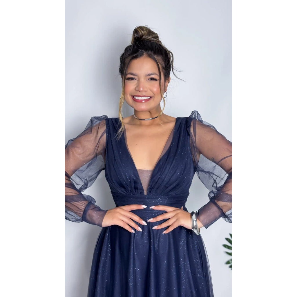 Vestido de Festa Feminina Luxo com Brilho e Manga Longa Madrinha, Formatura, Casamento e Convidadas