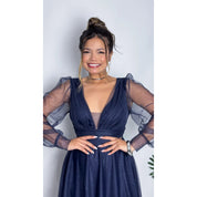 Vestido de Festa Feminina Luxo com Brilho e Manga Longa Madrinha, Formatura, Casamento e Convidadas