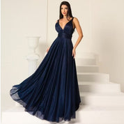 Vestido de Festa Longo Azul Marino Tecido Tuli com Brilho Festas/Foormatura Possoi Bojo,Ziper,Forro Veste M 38-40 G40-42