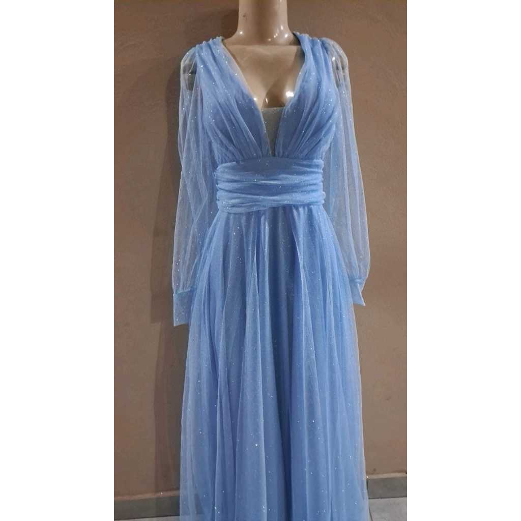 Vestido de Festa Feminina Luxo com Brilho e Manga Longa Madrinha, Formatura, Casamento e Convidadas