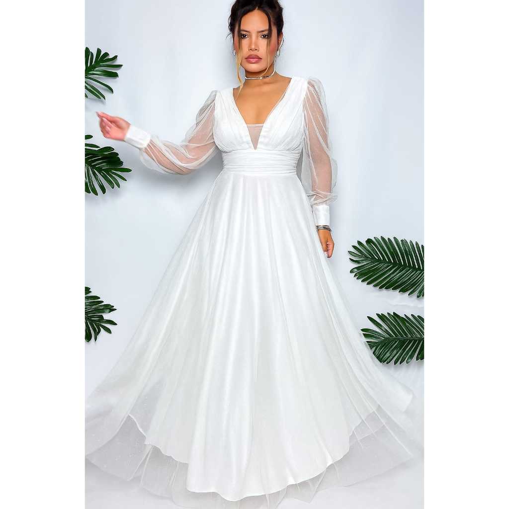 Vestido de Festa Feminina Luxo com Brilho e Manga Longa Madrinha, Formatura, Casamento e Convidadas