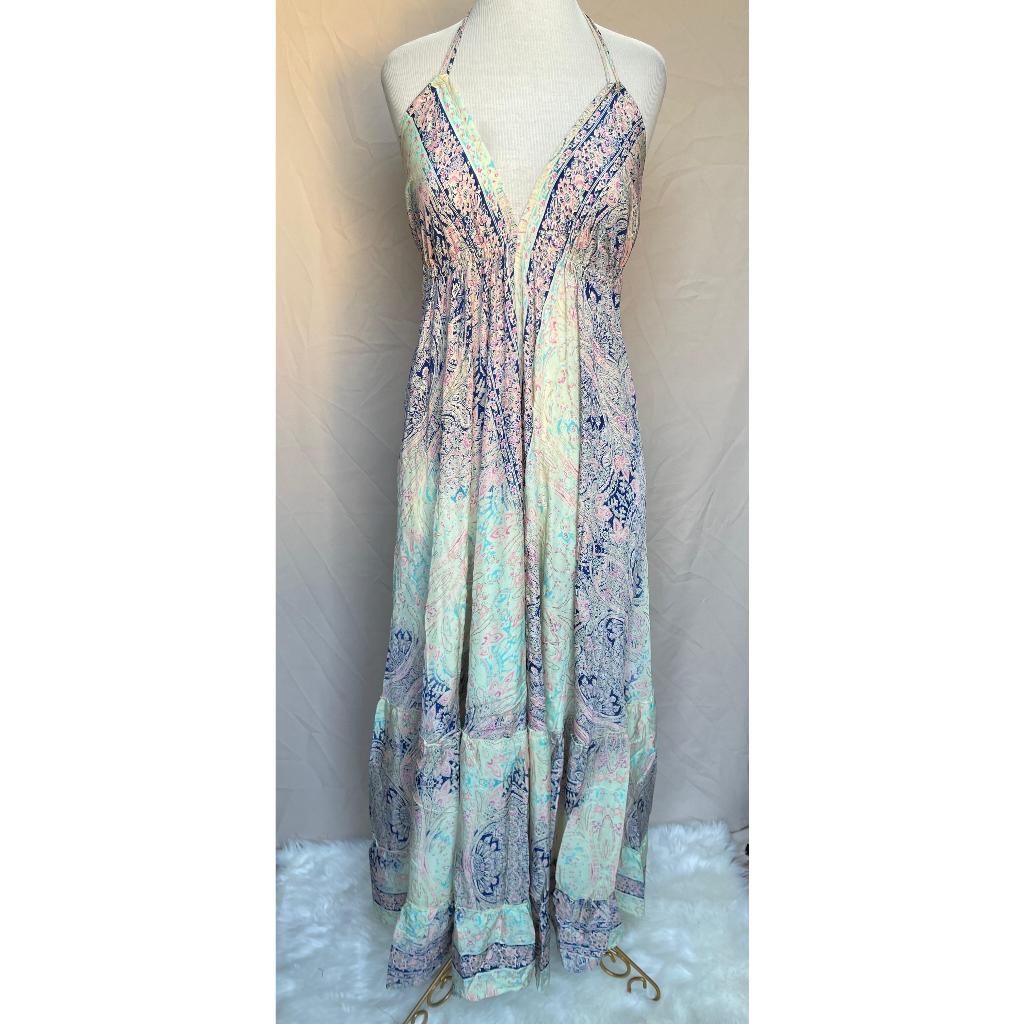 Vestido Longo Seda Indiana Frente Única Costa Nua- Estilo Boho Chic