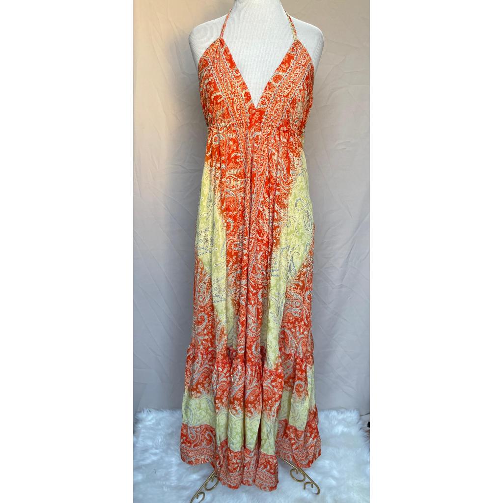Vestido Longo Seda Indiana Frente Única Costa Nua- Estilo Boho Chic