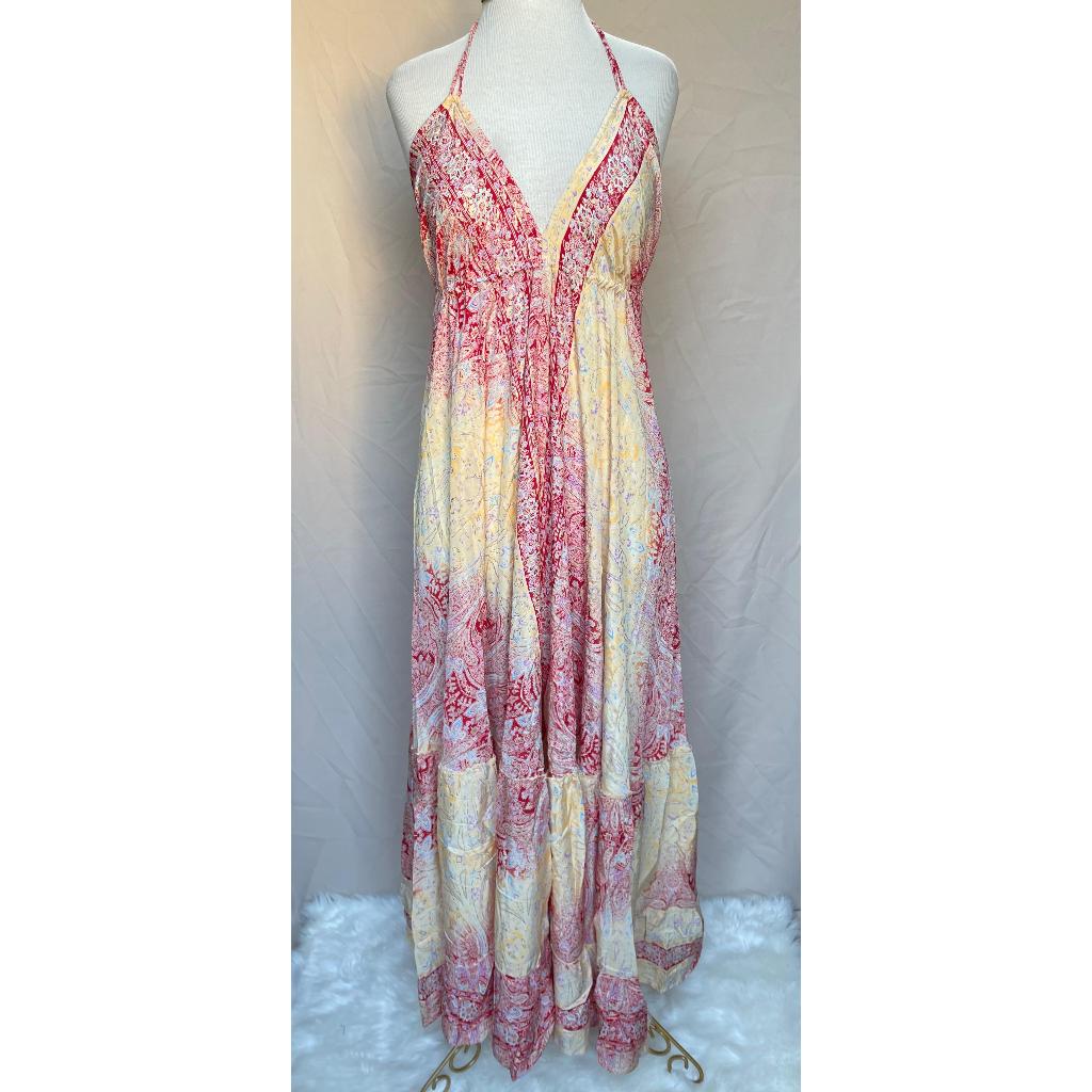 Vestido Longo Seda Indiana Frente Única Costa Nua- Estilo Boho Chic
