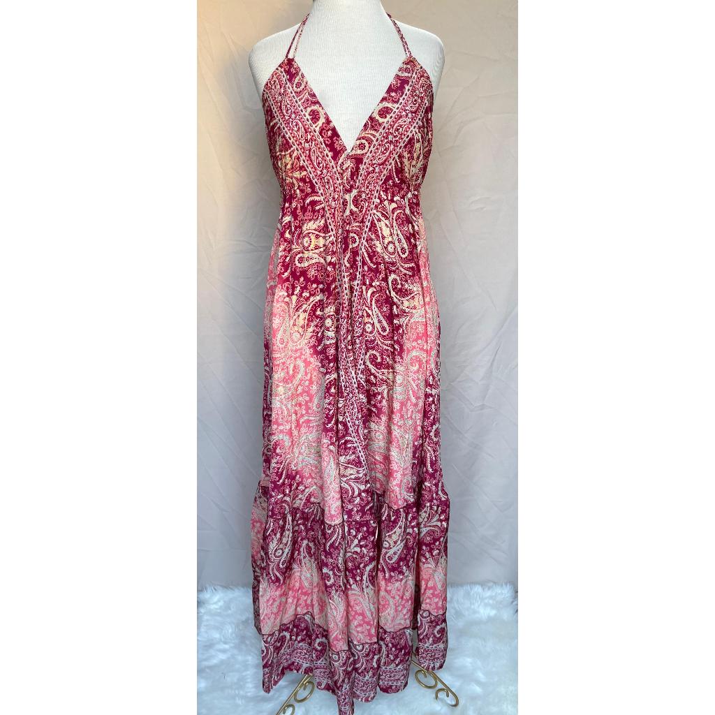 Vestido Longo Seda Indiana Frente Única Costa Nua- Estilo Boho Chic
