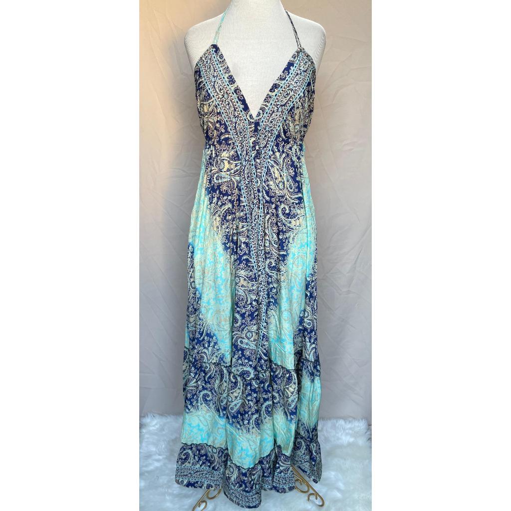 Vestido Longo Seda Indiana Frente Única Costa Nua- Estilo Boho Chic