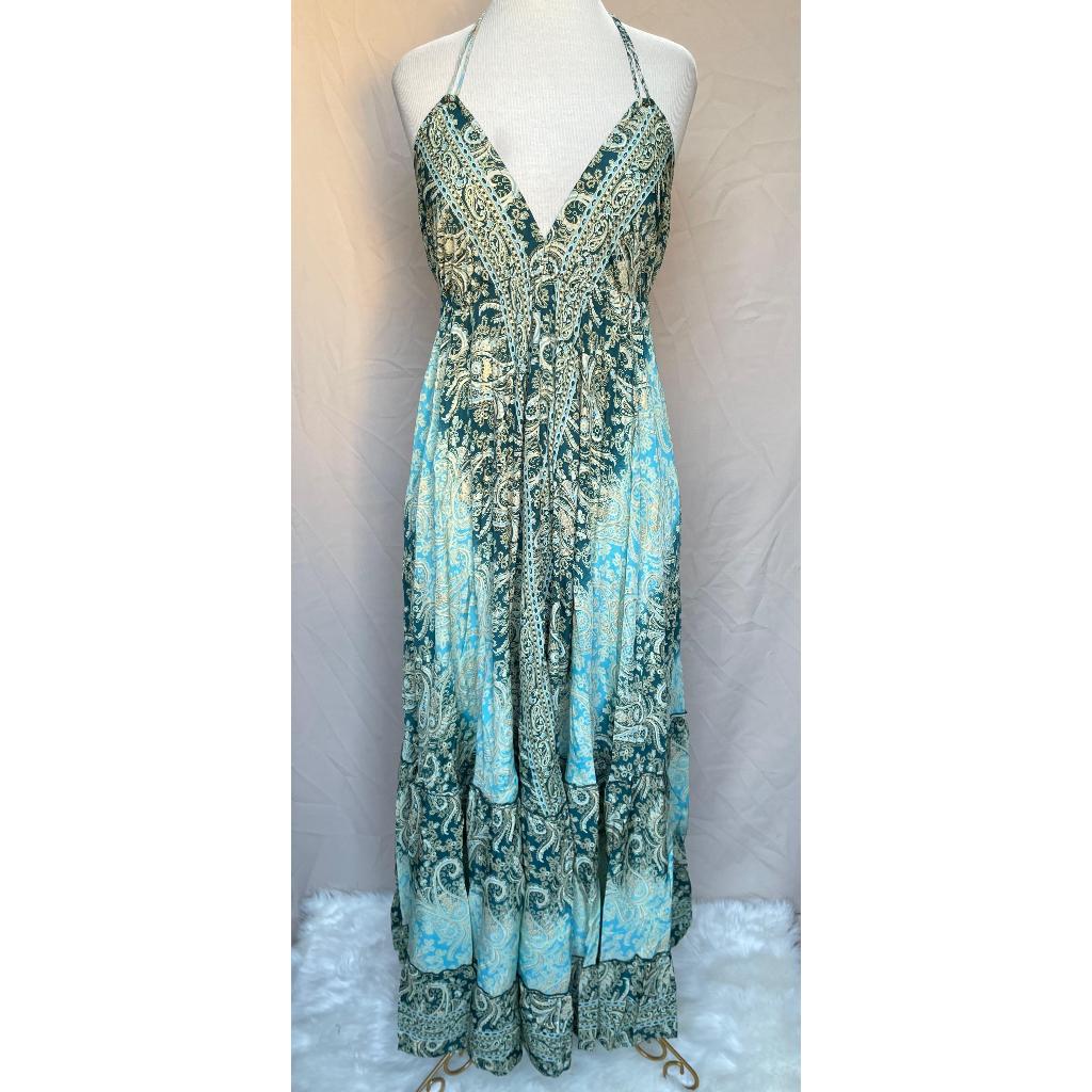 Vestido Longo Seda Indiana Frente Única Costa Nua- Estilo Boho Chic