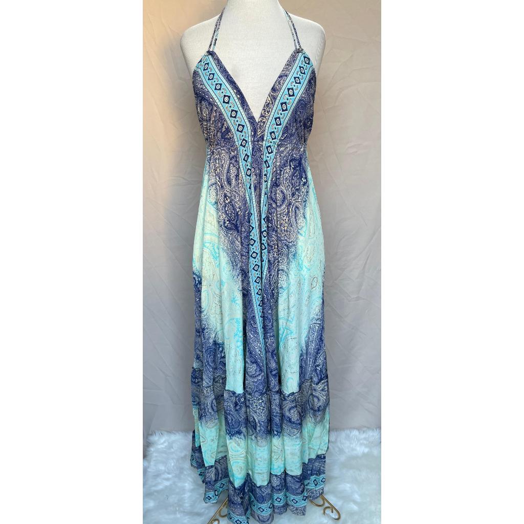 Vestido Longo Seda Indiana Frente Única Costa Nua- Estilo Boho Chic