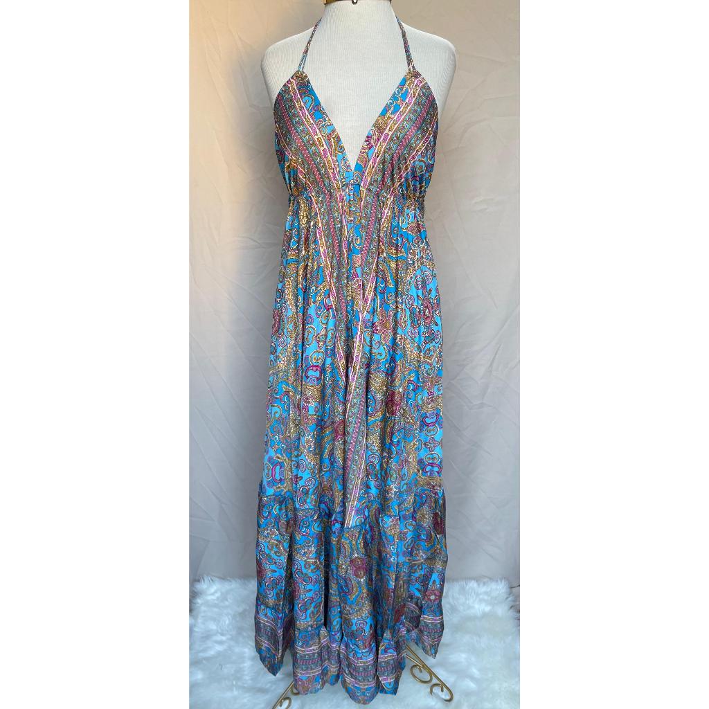 Vestido Longo Seda Indiana Frente Única Costa Nua- Estilo Boho Chic