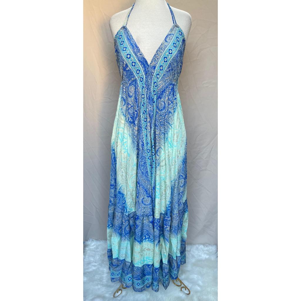 Vestido Longo Seda Indiana Frente Única Costa Nua- Estilo Boho Chic