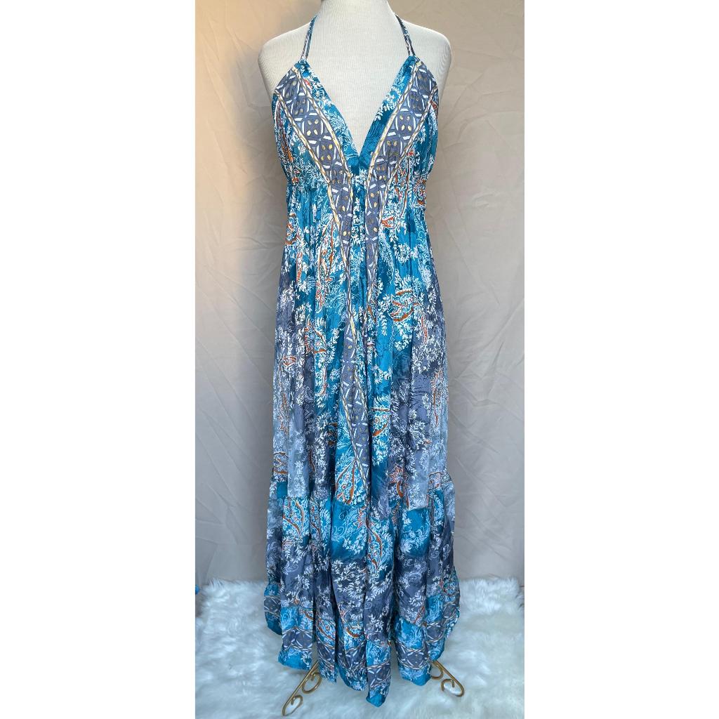 Vestido Longo Seda Indiana Frente Única Costa Nua- Estilo Boho Chic