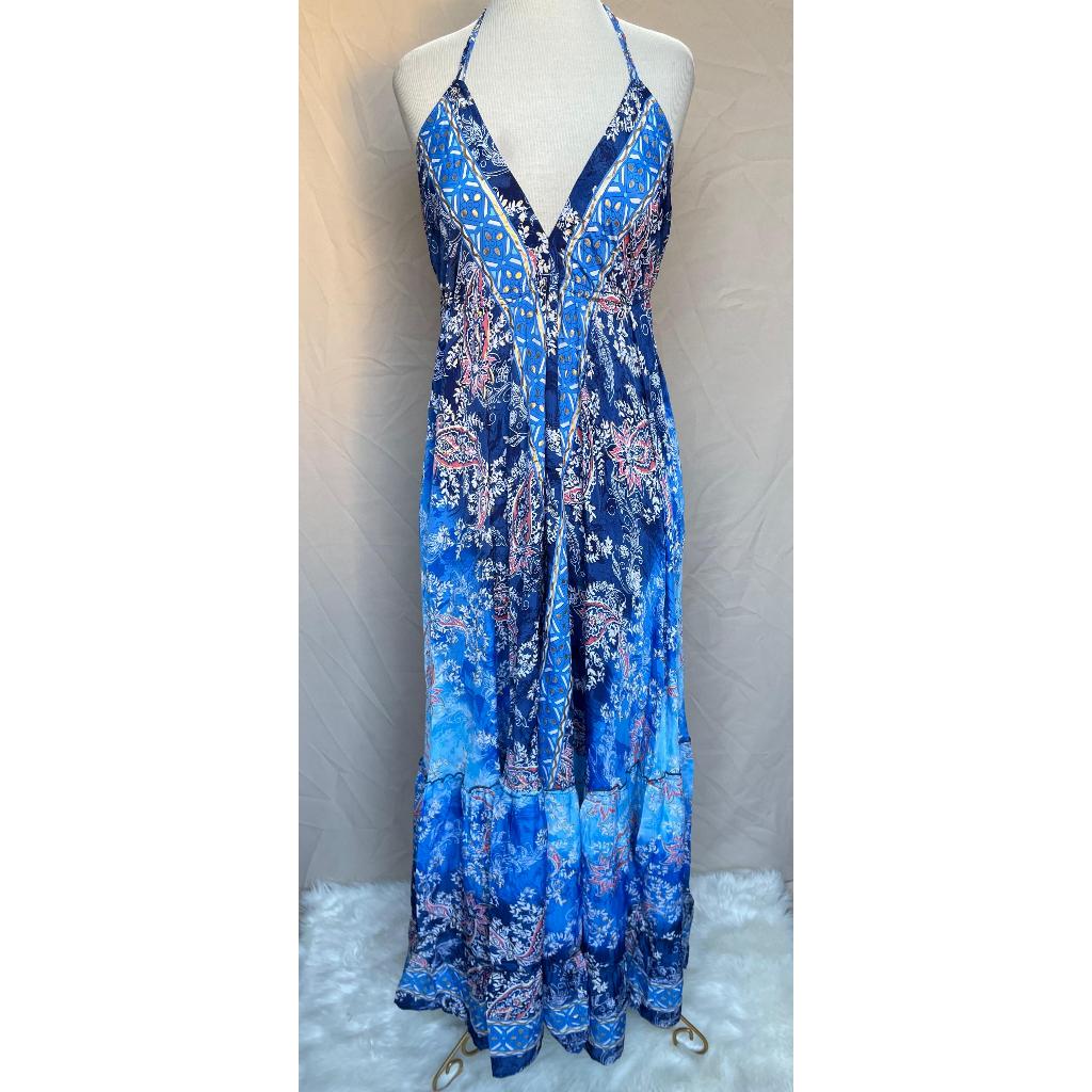 Vestido Longo Seda Indiana Frente Única Costa Nua- Estilo Boho Chic