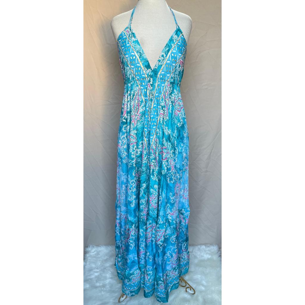 Vestido Longo Seda Indiana Frente Única Costa Nua- Estilo Boho Chic