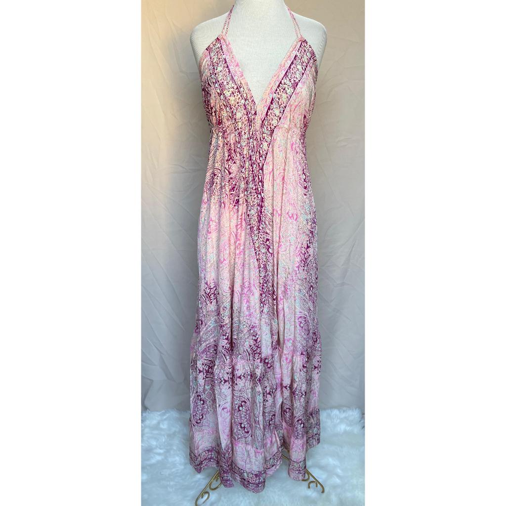 Vestido Longo Seda Indiana Frente Única Costa Nua- Estilo Boho Chic