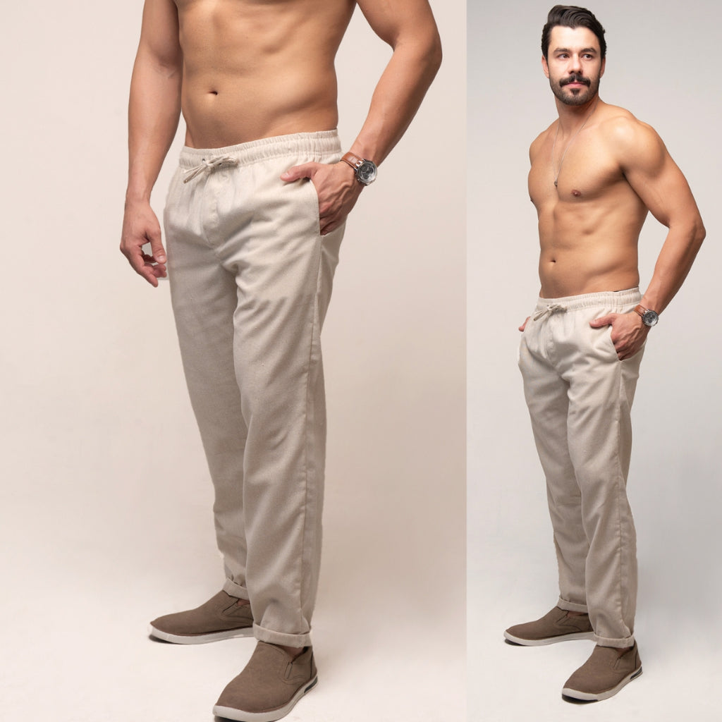 Calça De Linho Masculina Rústica Leve Bege Praia Cordão Ajustável Premium Verão Estilosa Moderna