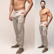 Calça De Linho Masculina Rústica Leve Bege Praia Cordão Ajustável Premium Verão Estilosa Moderna