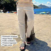 Calça De Linho Masculina Rústica Leve Bege Praia Cordão Ajustável Premium Verão Estilosa Moderna