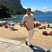 Calça De Linho Masculina Rústica Leve Bege Praia Cordão Ajustável Premium Verão Estilosa Moderna