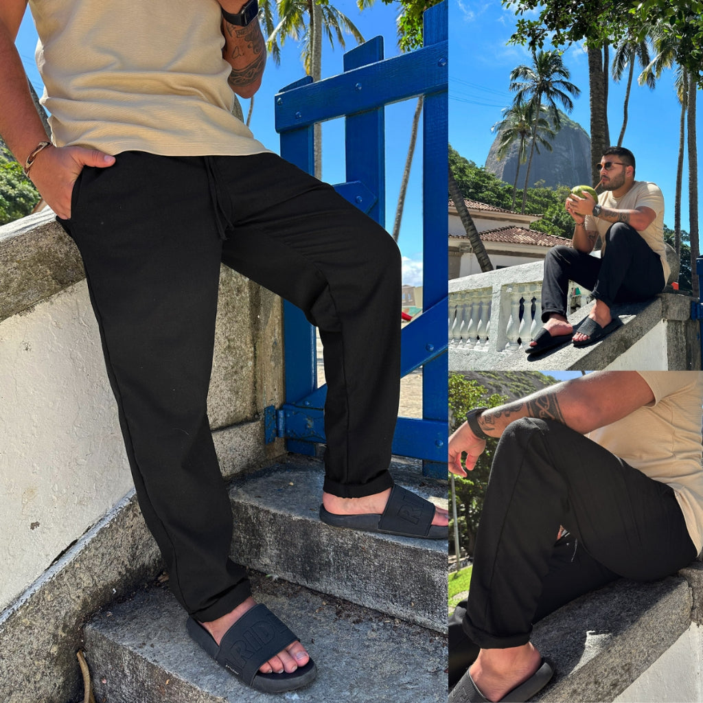 Calça De Linho Masculina Rústica Leve Bege Praia Cordão Ajustável Premium Verão Estilosa Moderna